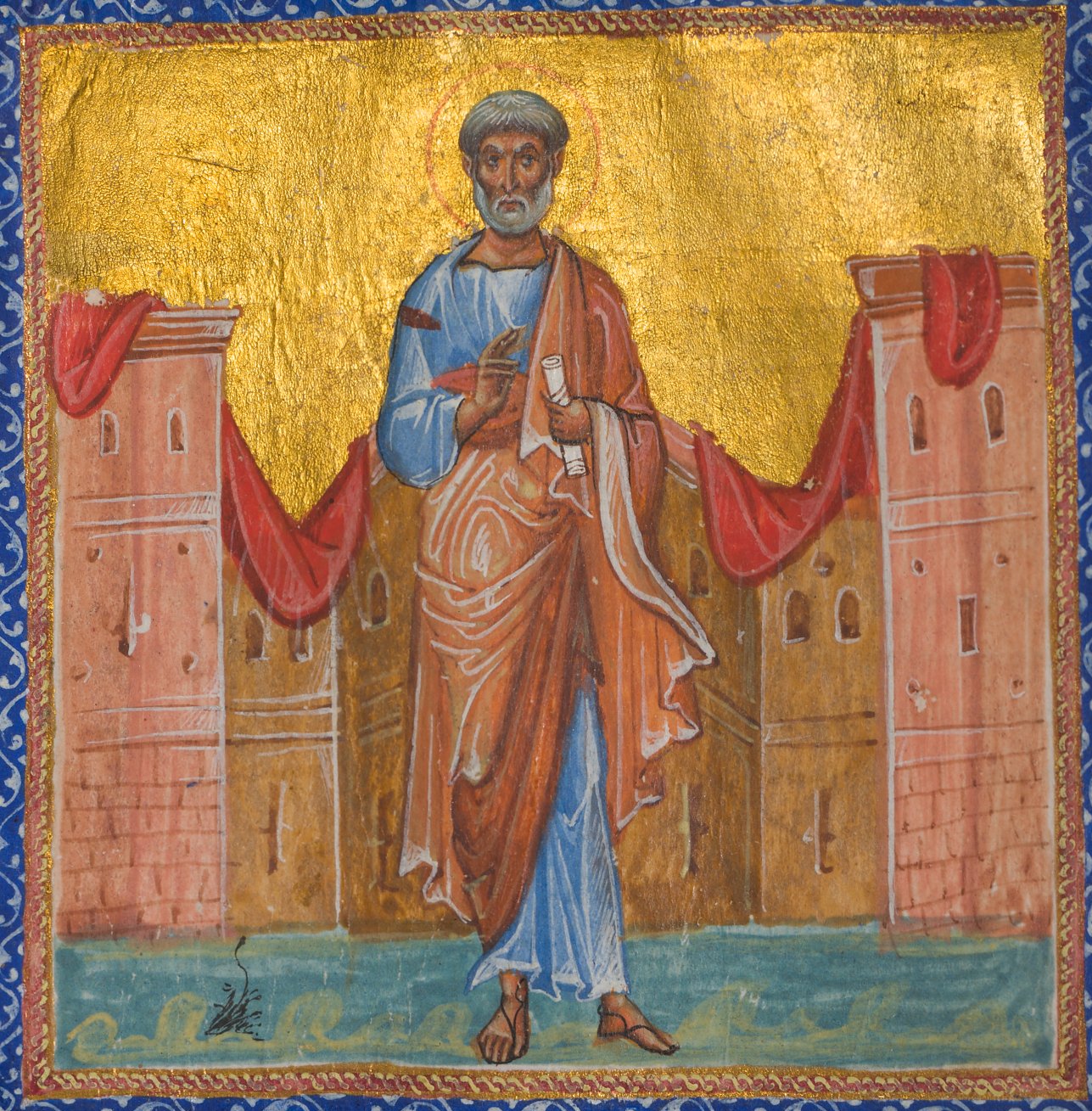 Art from a Greek Psalter and New Testament- the decoration of this leaf is dominated by a half-page miniature representing the Apostle Peter.