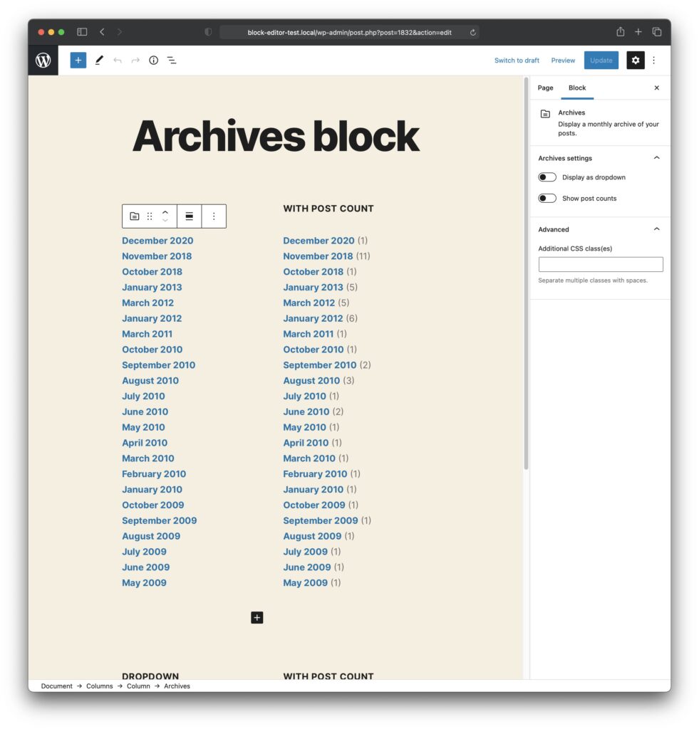 Gutenberg A-Z: The Archive block