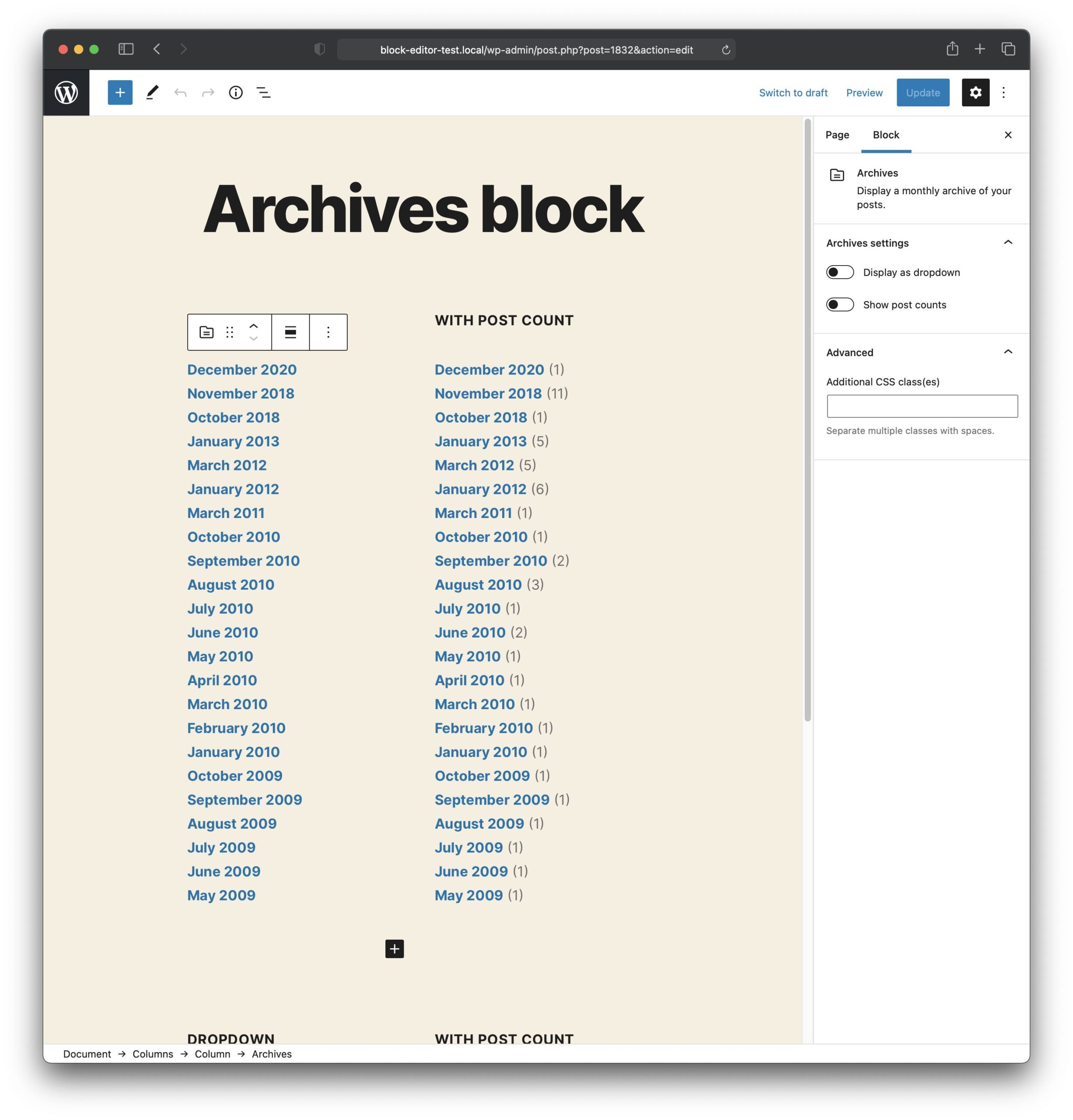 The Archive block in the WordPress Block Editor